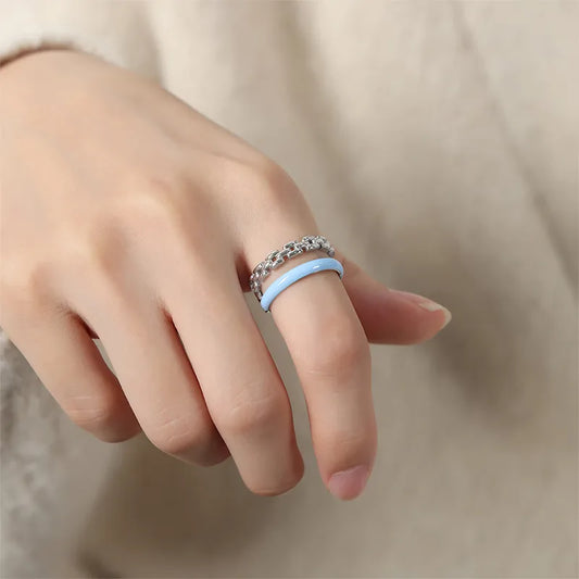 Anillo Doble Dorado y Esmaltado Azul - Talla 07