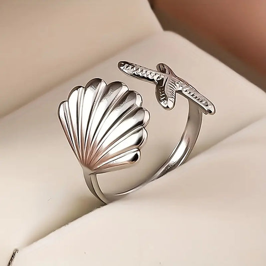 Anillo Plateado Concha y Estrella de Mar Ajustable