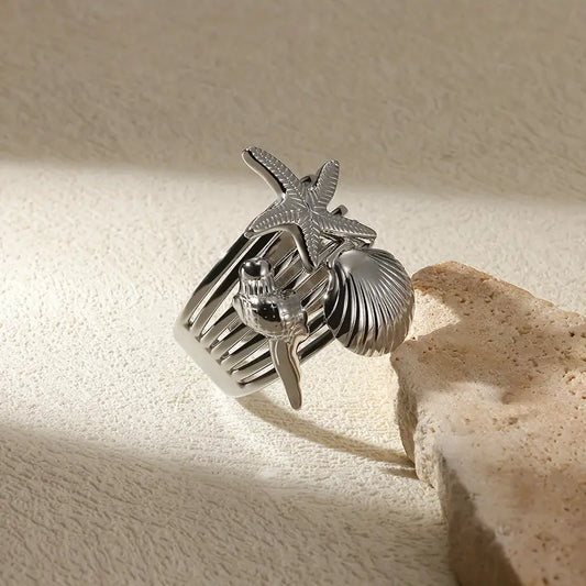 Anillo Plateado Dijes Marinos Ajustable
