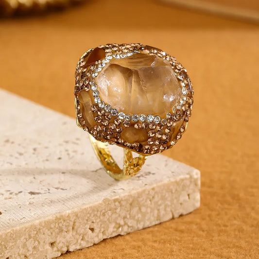 Anillo Dorado con Roda de Citrino Asimétrico, Circón, Ajustable