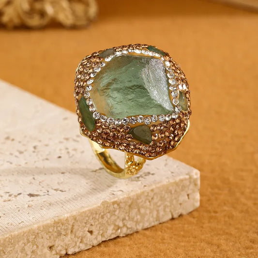 Anillo Dorado con Roda de Fluorita Asimétrica, Circón, Ajustable