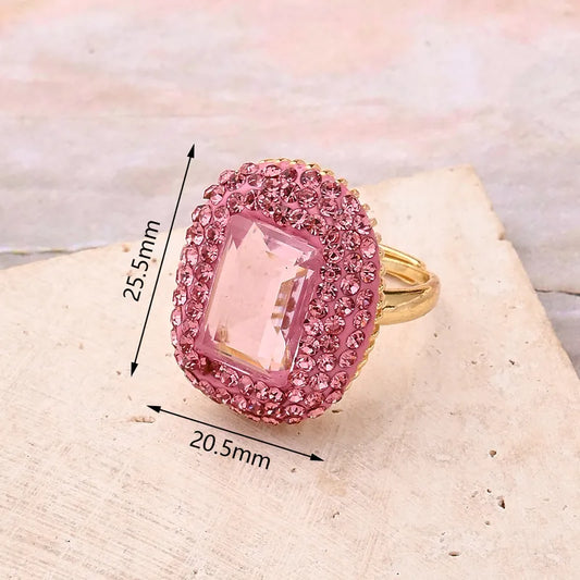 Anillo Dorado con Roda de Cristal Rosado, Circón, Ajustable