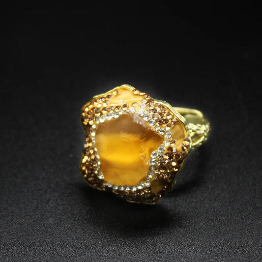 Anillo Dorado con Roda de Citrino Asimétrico, Circón, Ajustable
