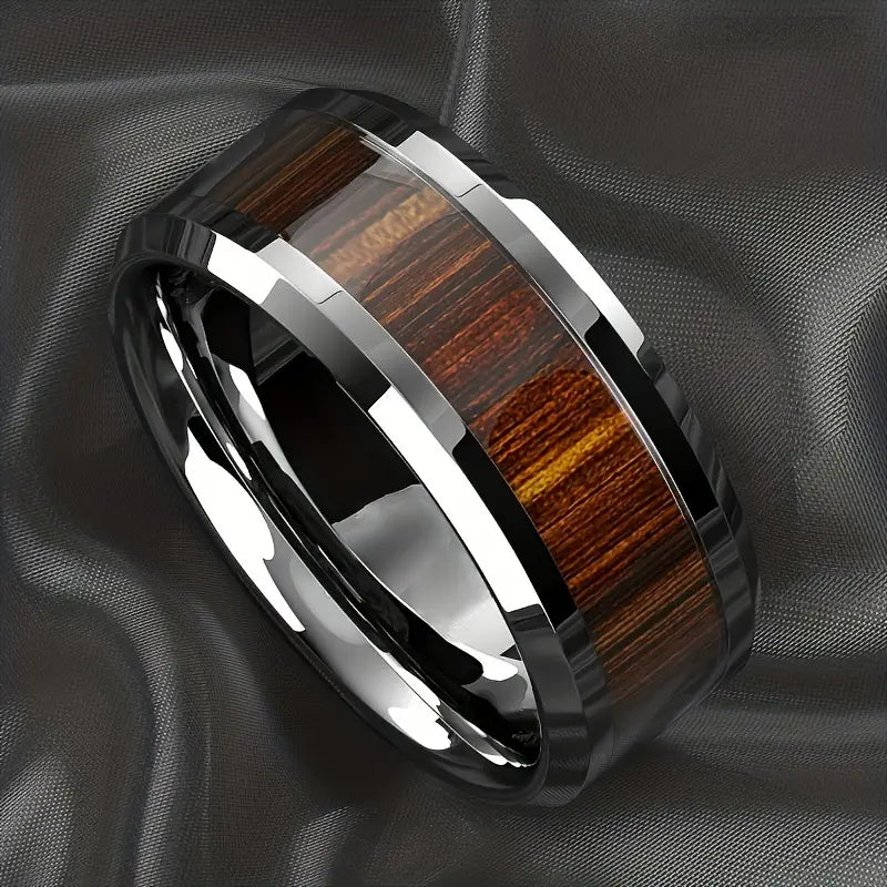 Anillo Negro con Incrustación Madera Marrón, Talla 11
