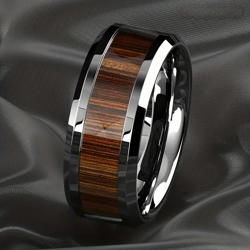 Anillo Negro con Incrustación Madera Marrón, Talla 11