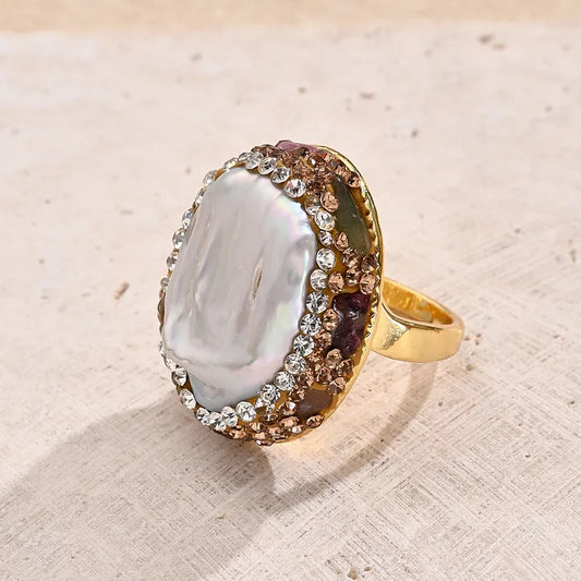 Anillo Circular Perla de Agua Dulce, Turmalina, Circón - Ajustable