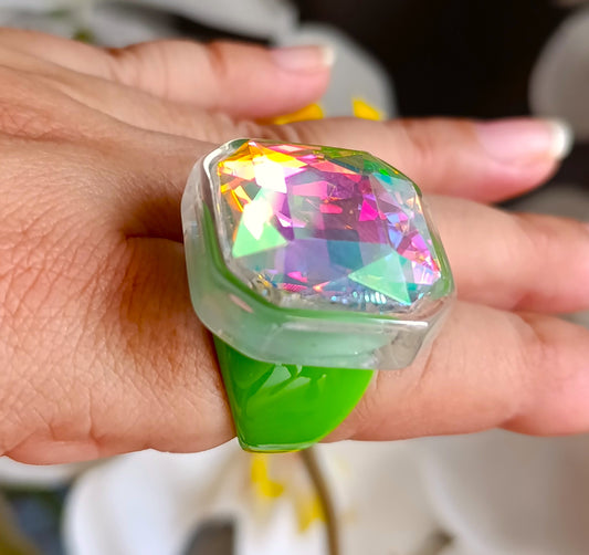 Anillo Resina Verde Ronda Blanca Talla 8