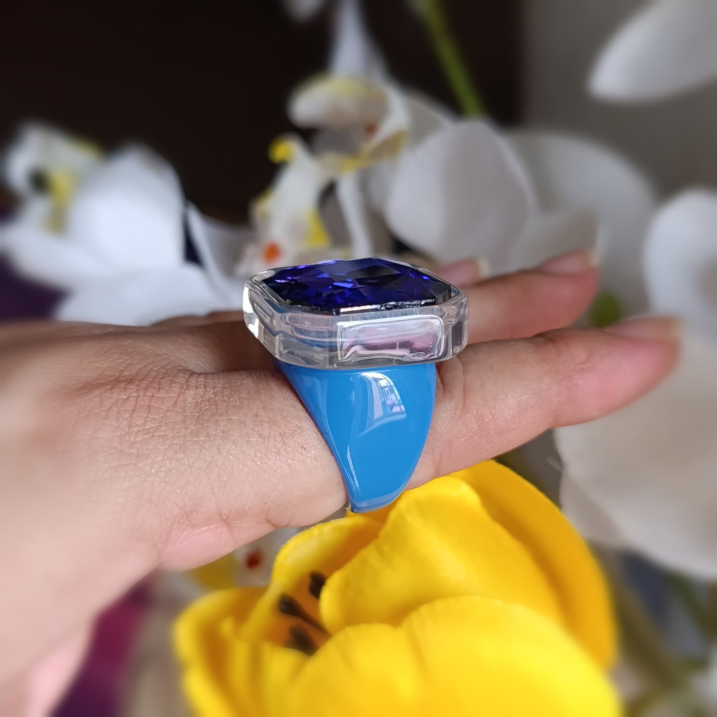 Anillo Resina Azul Ronda Morada Talla 8