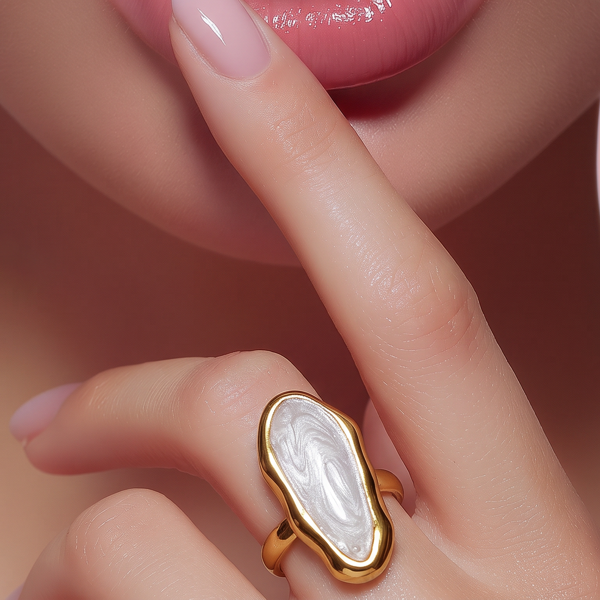 Anillo Dorado Ronda Asimétrica Blanca - Ajustable
