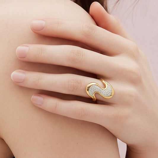 Anillo Dorado Yin Yang Circones Blancos - Ajustable