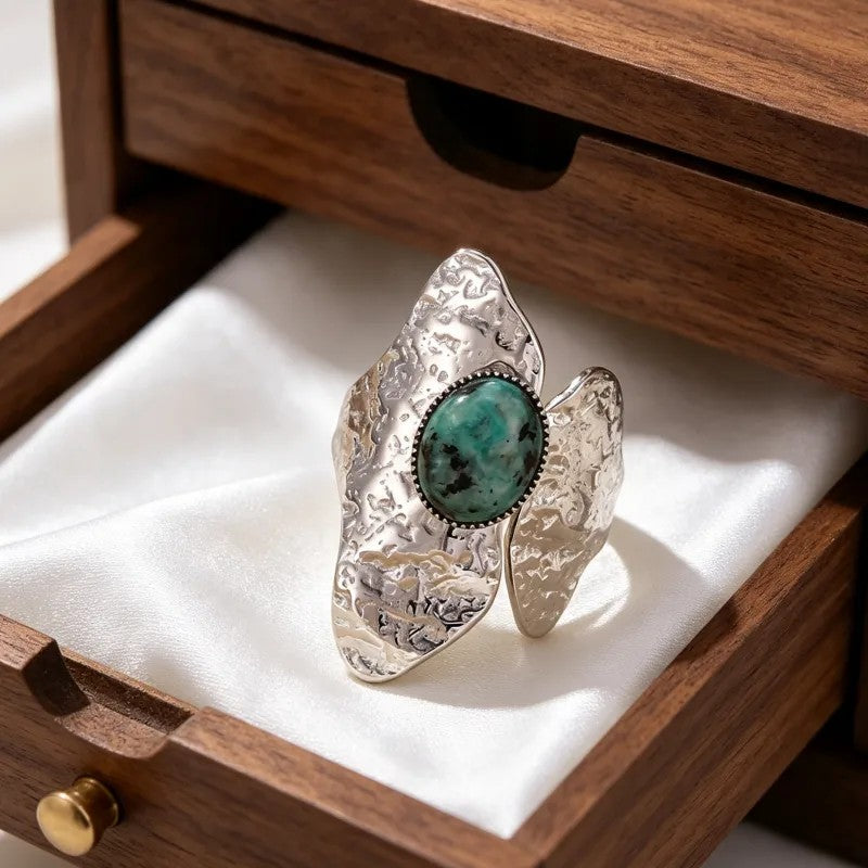 Anillo Plateado Amartillado Ronda Turquesa - Ajustable