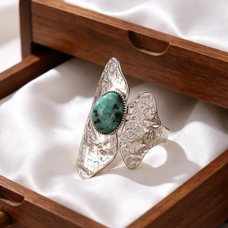 Anillo Plateado Amartillado Ronda Turquesa - Ajustable