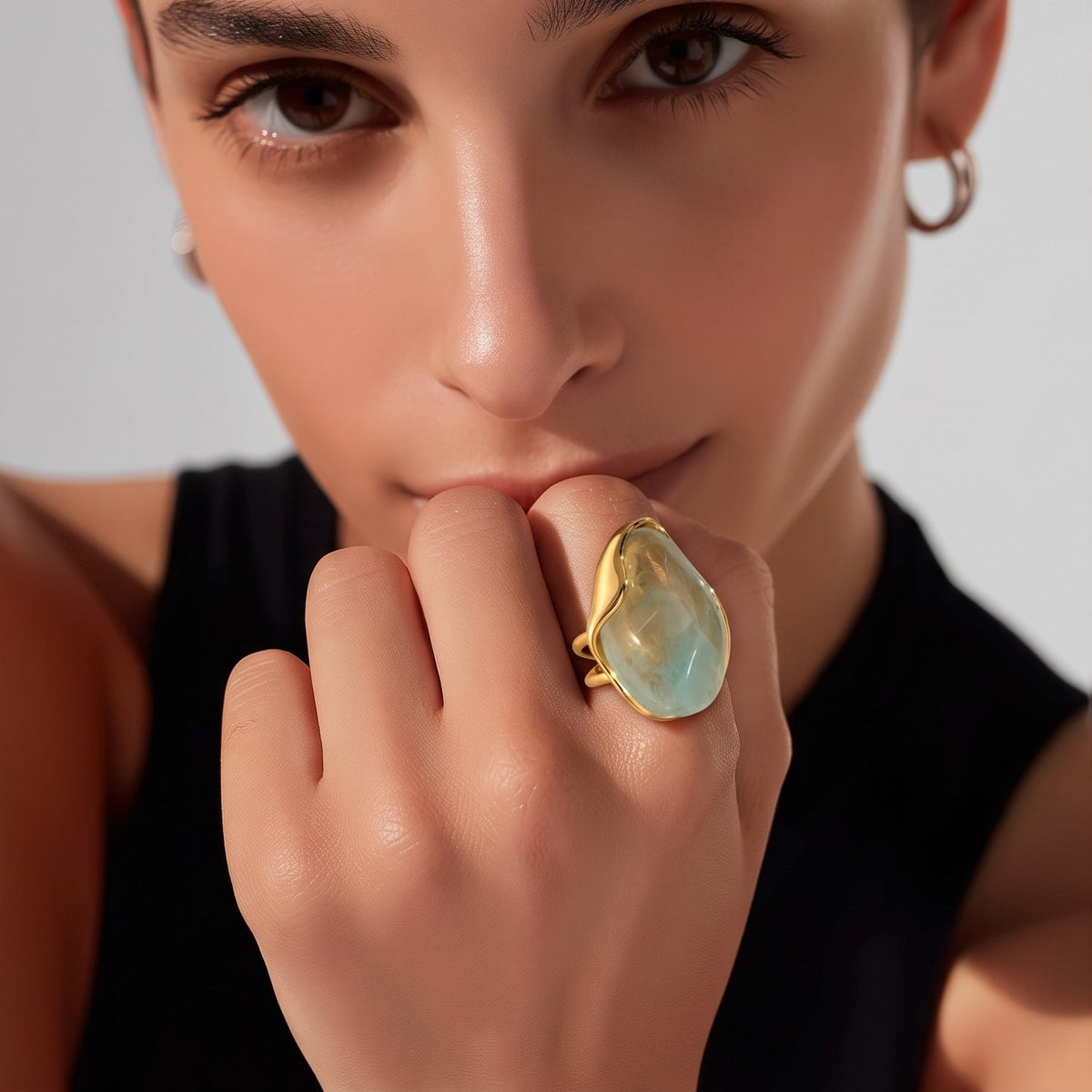 Anillo Plateado Incrustación Resina - Ajustable