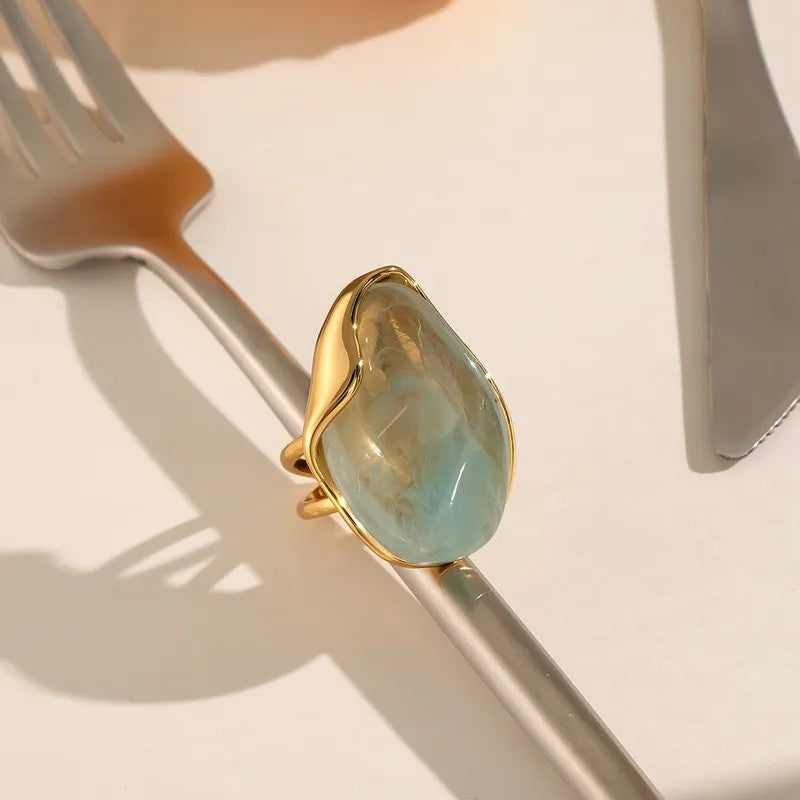 Anillo Plateado Incrustación Resina - Ajustable