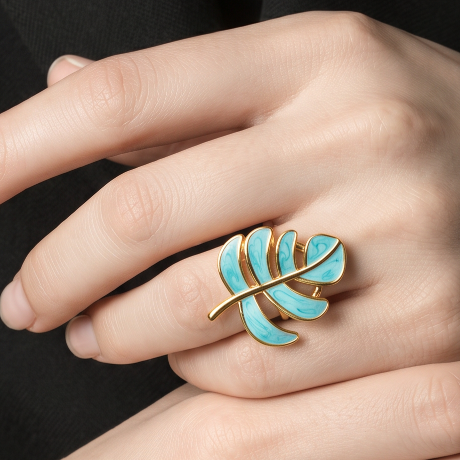 Anillo Dorado Ronda Hoja Esmaltada Turquesa - Ajustable
