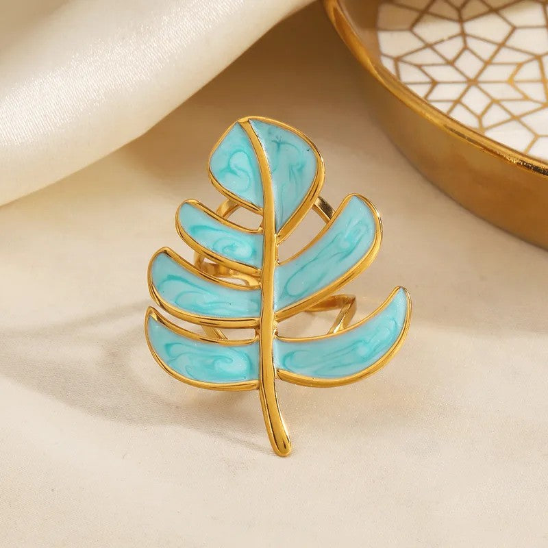 Anillo Dorado Ronda Hoja Esmaltada Turquesa - Ajustable