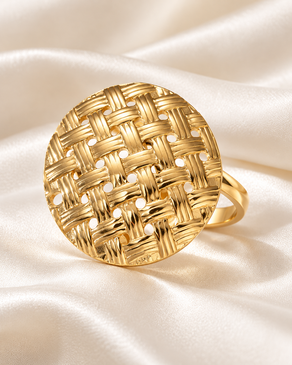 Anillo Dorado Botón Mimbre - Ajustable