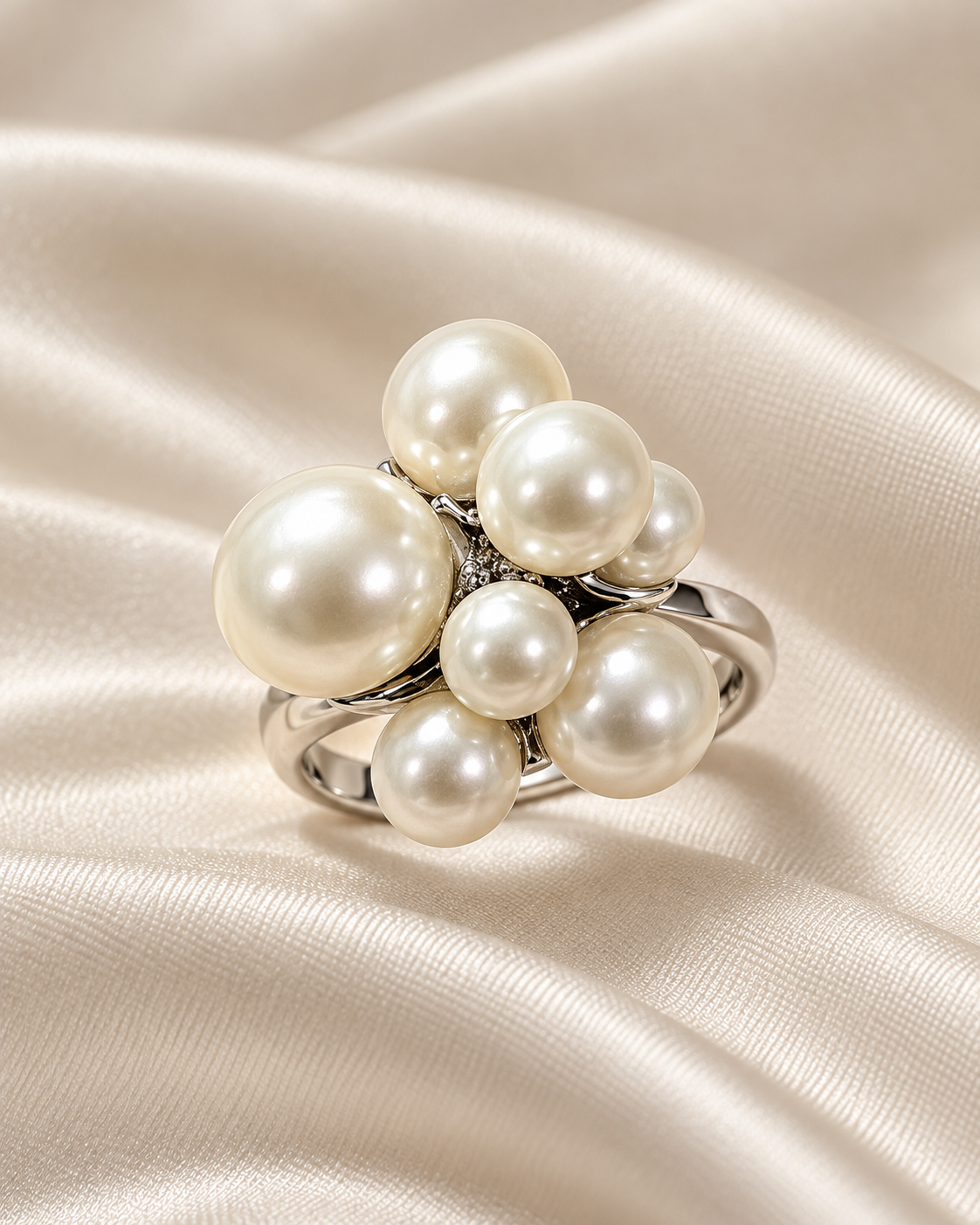 Anillo Plateado Multiperlas - Ajustable