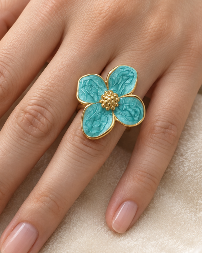 Anillo Dorado Flor Turquesa - Ajustable