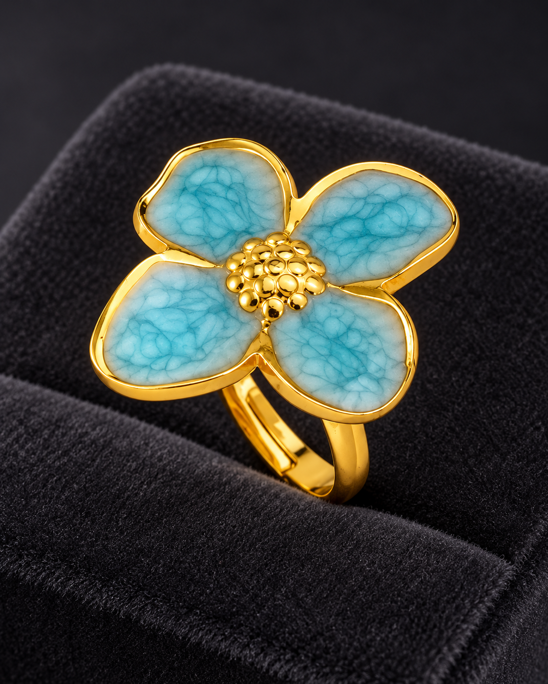 Anillo Dorado Flor Turquesa - Ajustable