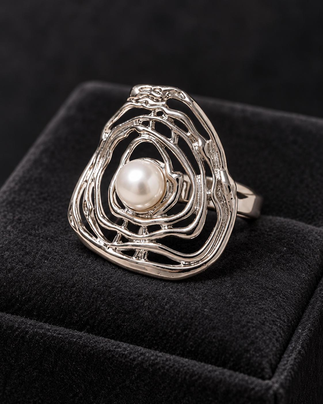 Anillo Plateado Espiral y Perla - Ajustable