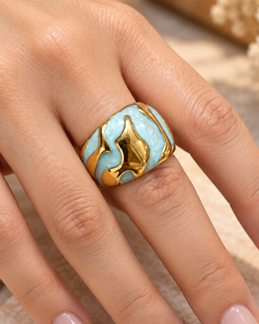 Anillo Dorado y Turquesa Esmaltado - Talla 8