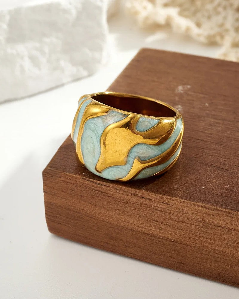 Anillo Dorado y Turquesa Esmaltado - Talla 8