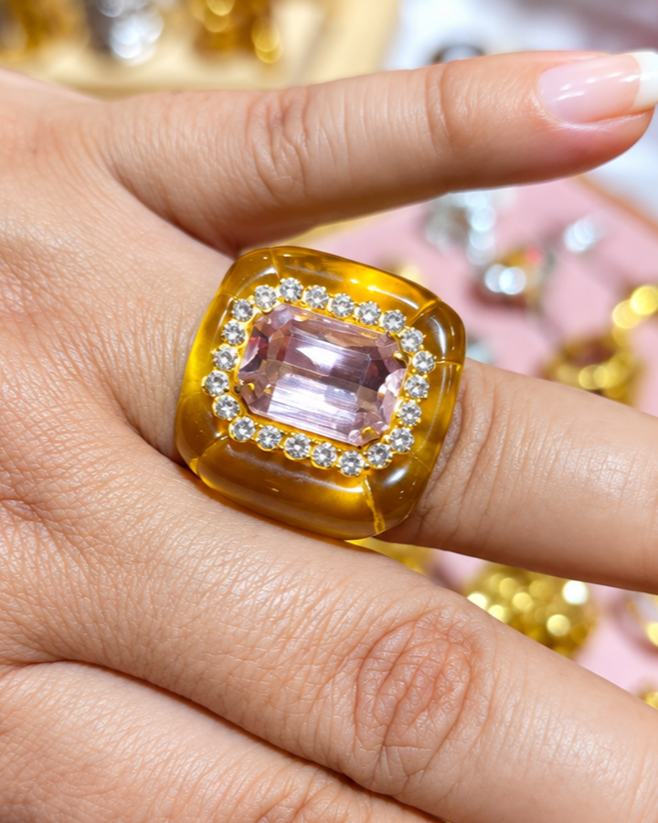 Anillo Resina Amarillo y Rosa con Zirconías - Talla 7