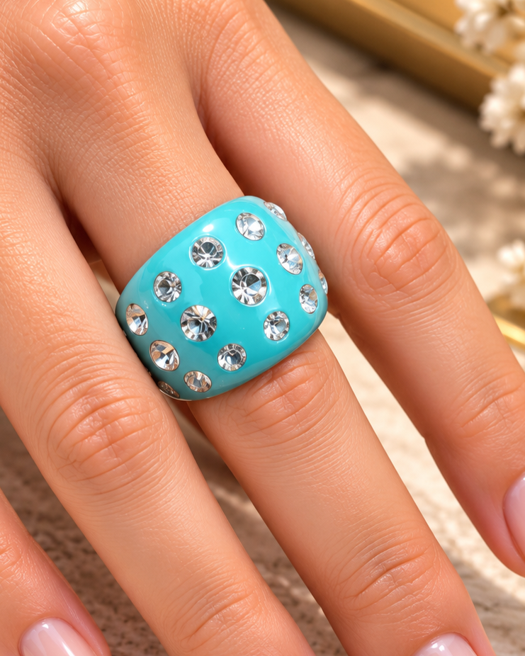 Anillo Resina Turquesa con Zirconias - Talla 8