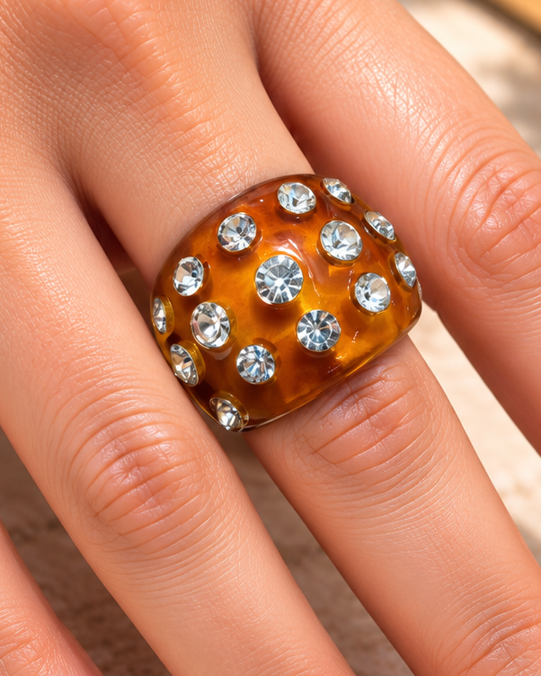 Anillo Resina Ámbar con Zirconias - Talla 8