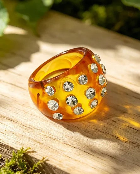 Anillo Resina Ámbar con Zirconias - Talla 8