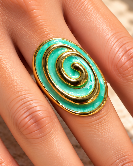 Anillo Dorado Elipse Espiral Turquesa - Ajustable