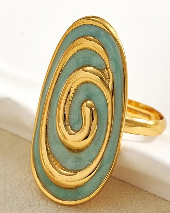 Anillo Dorado Elipse Espiral Turquesa - Ajustable
