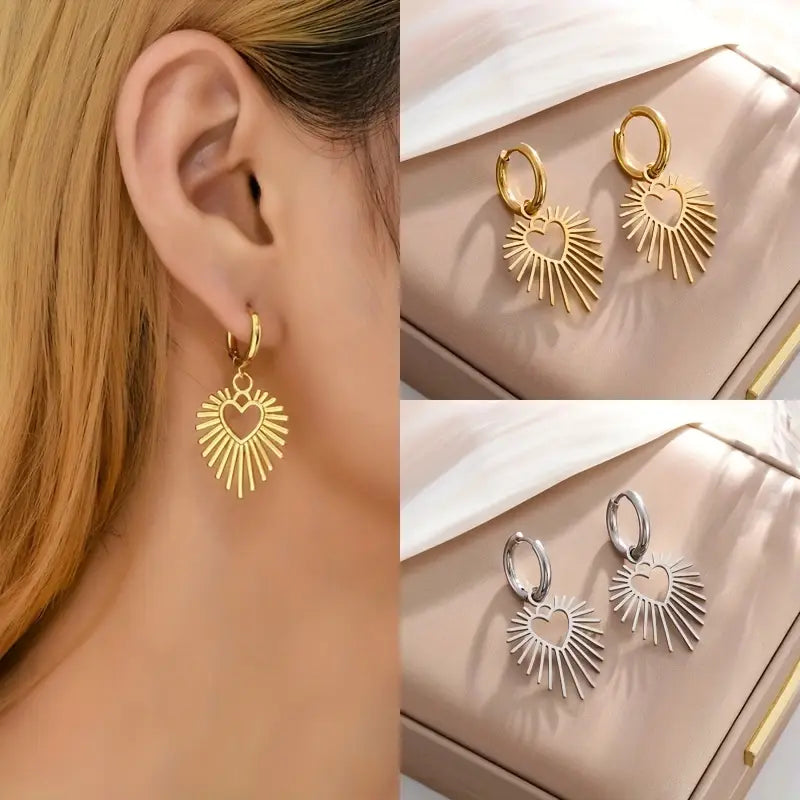 Aretes Dorados Arracada con Corazón Fulgurante