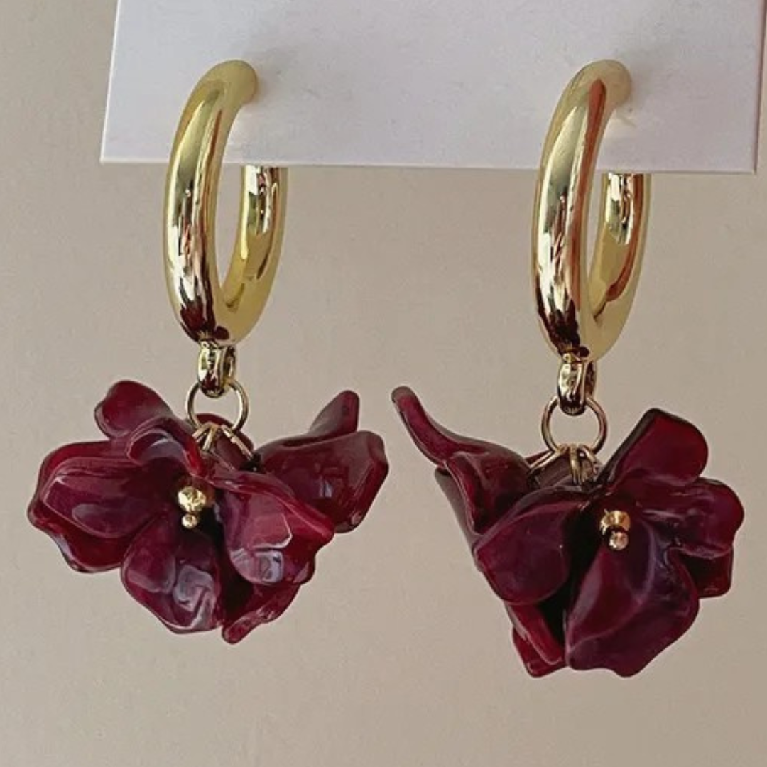 Aretes Arracadas Doradas y Flor Rojo Oscuro
