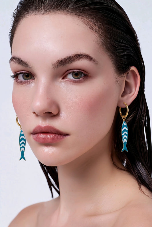 Aretes Arracadas Doradas Pez Azul