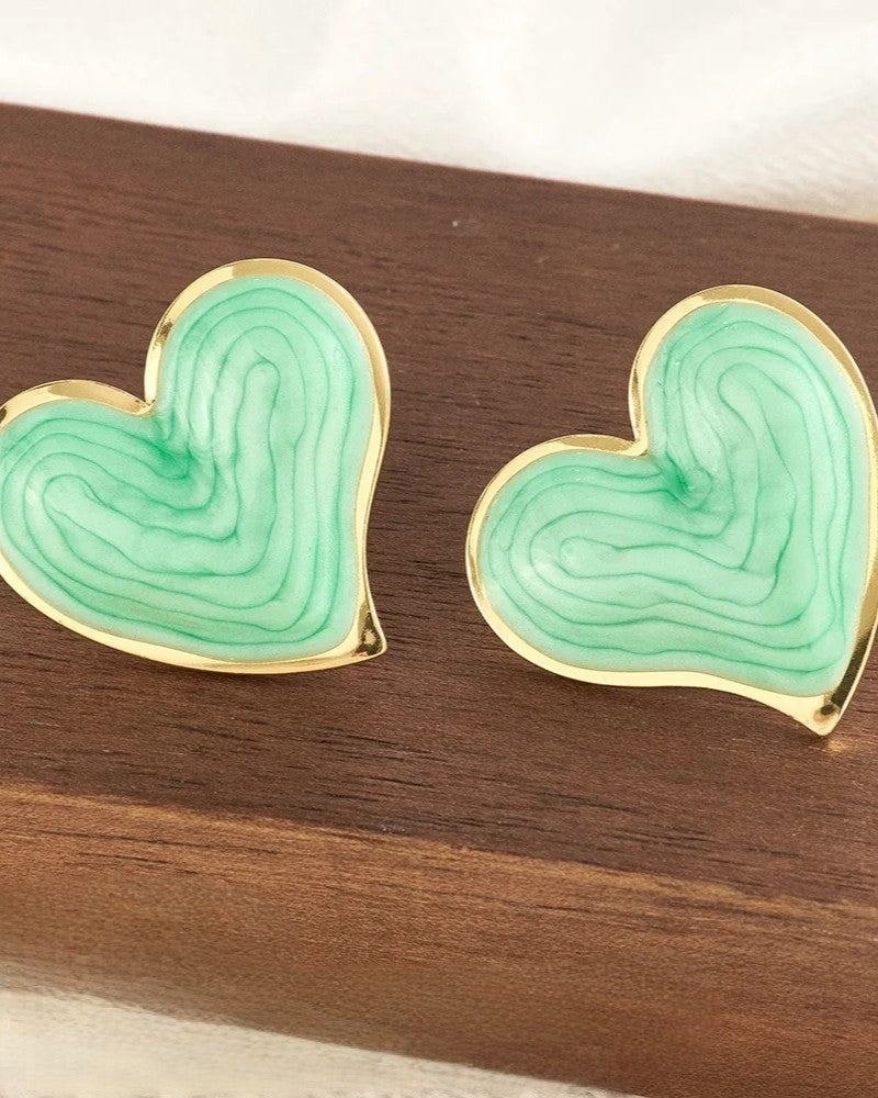 Aretes Dorados Corazón Verdes Esmaltado