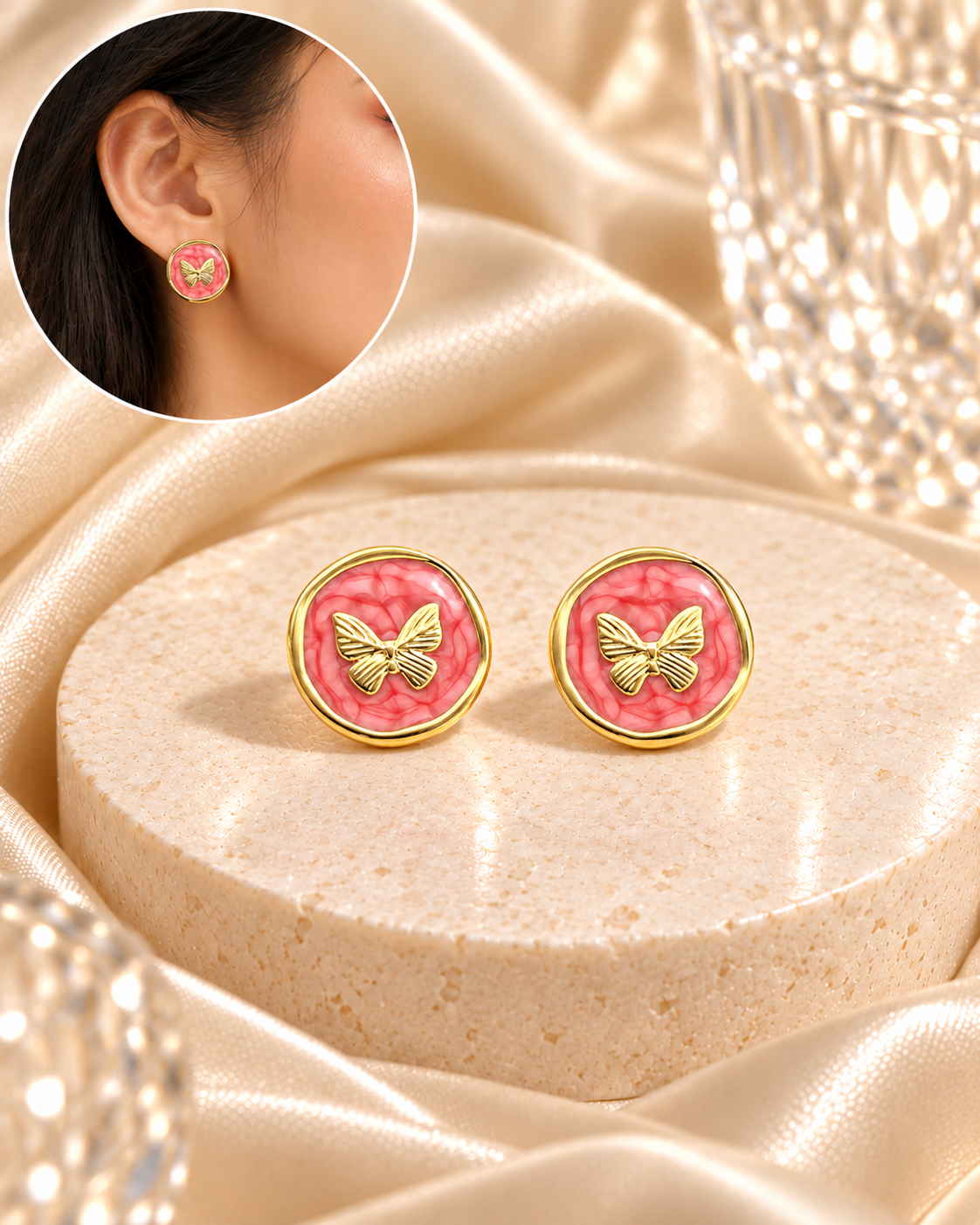 Aretes Circulares Rosa Esmalte y Mariposa Dorada