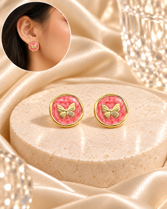 Aretes Circulares Rosa Esmalte y Mariposa Dorada