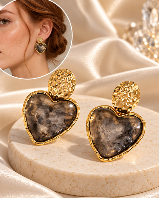 Aretes Dorados Amartillados Corazón Negro Degradado