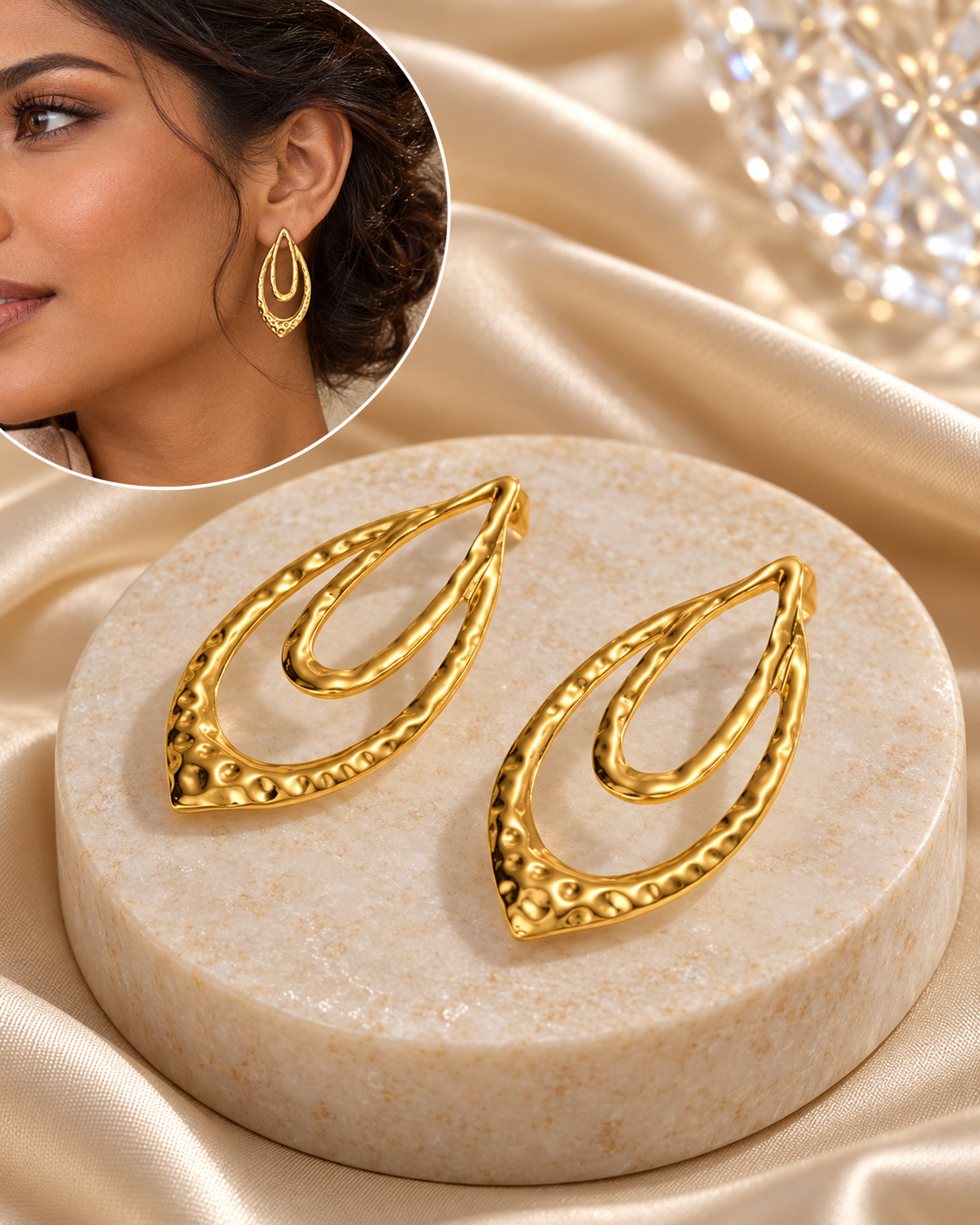 Aretes Dorados Doble Gota Amartillados