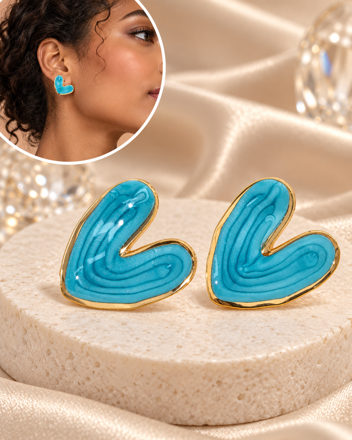 Aretes Corazones Turquesa Esmaltados