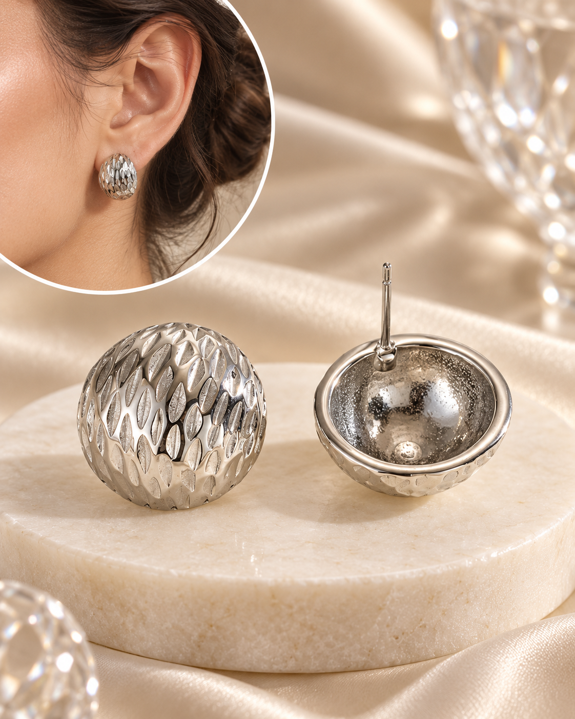 Aretes Plateados Semicirculos Rayas
