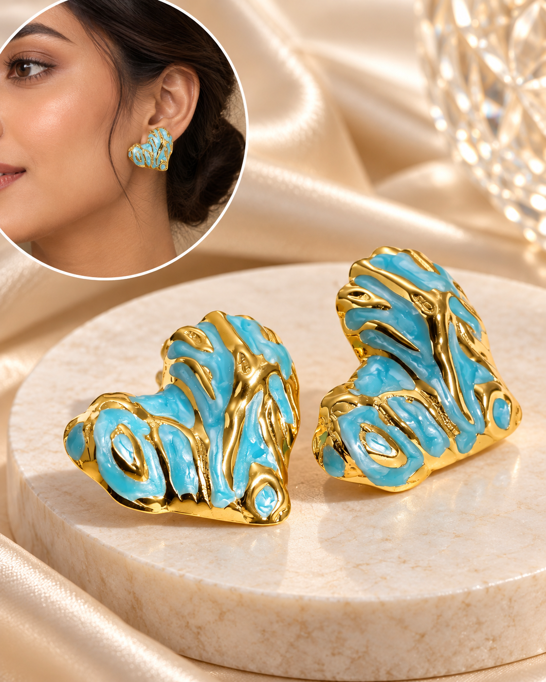 Aretes Corazones Azules Dorados 3D