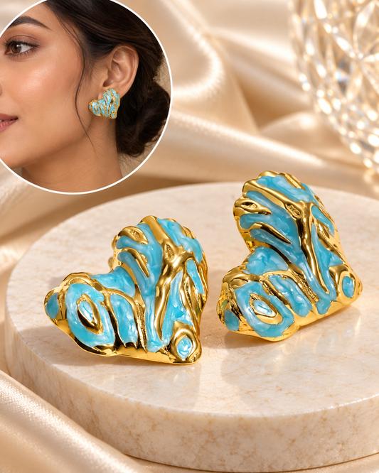Aretes Corazones Azules Dorados 3D