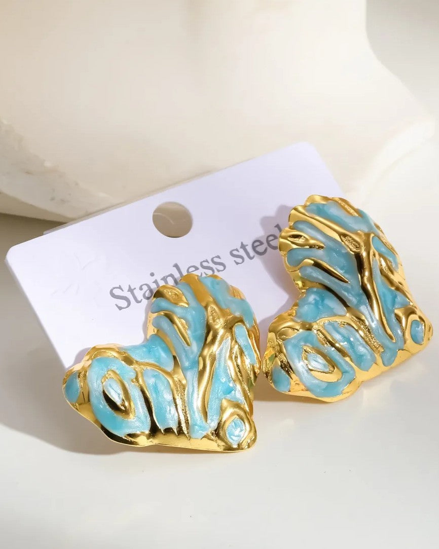 Aretes Corazones Azules Dorados 3D