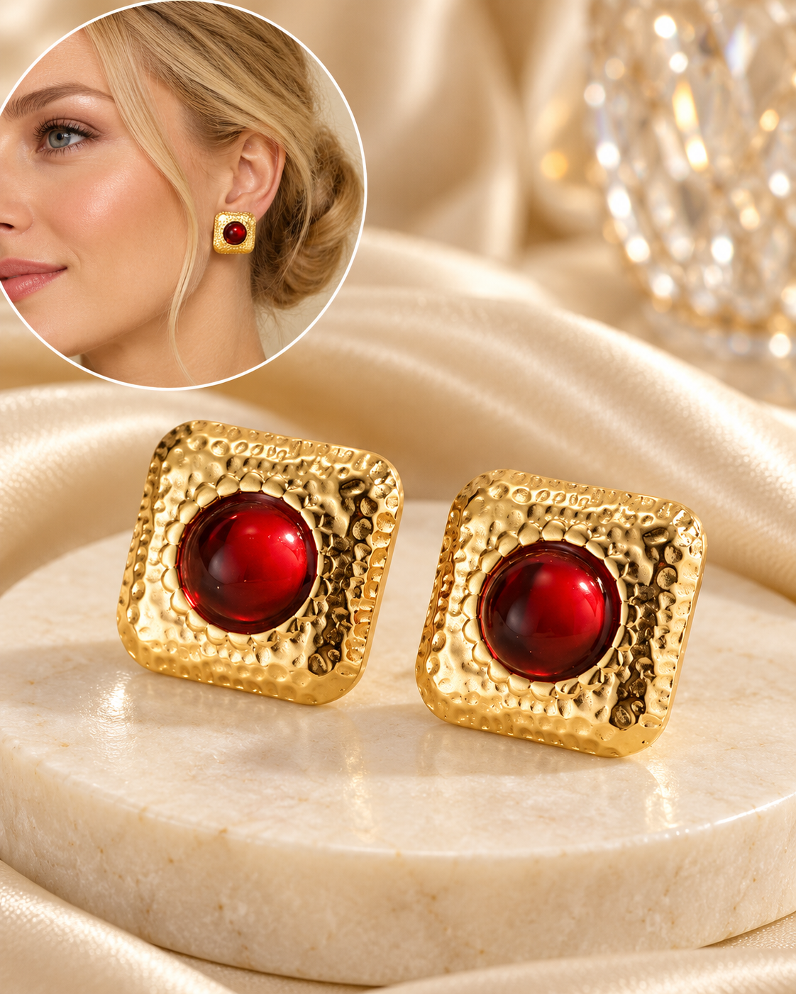 Aretes Dorados Cuadrados Ronda Roja