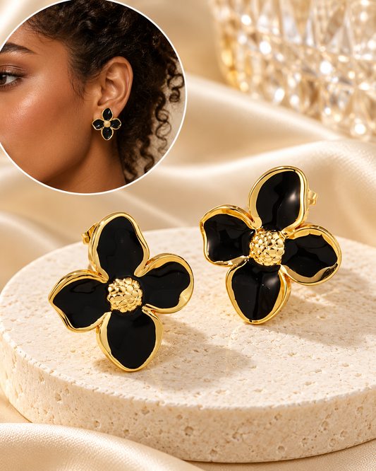 Aretes Dorados Flor Negra