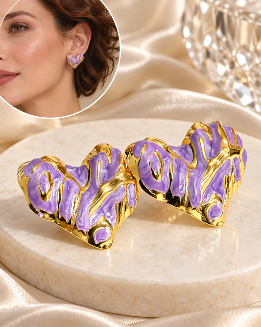 Aretes Corazones Morados Dorados 3D