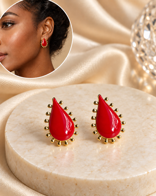 Aretes Dorados Gotas Rojas